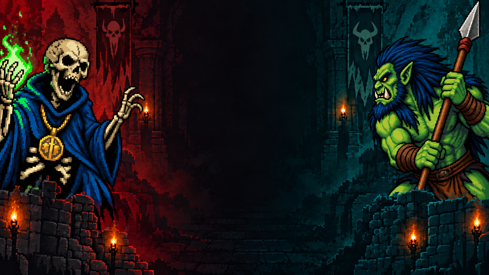 A necromancer and an orc spearman face each other across the castle battlements.